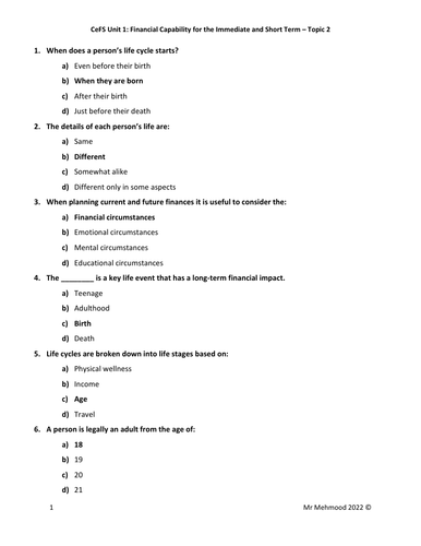 LIBF - Unit 1 - Topic Multiple Choice Questions | Teaching Resources