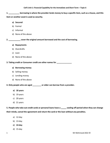 LIBF - Unit 1 - Topic 6 MCQ