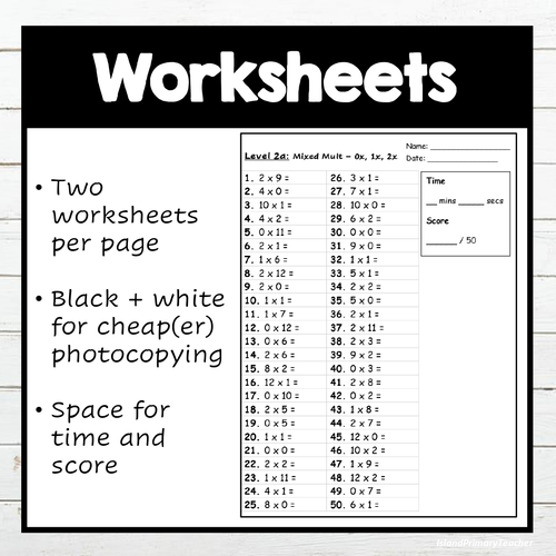Level 2 Multiplication MIXED Speed Tests 1x 12x PACK