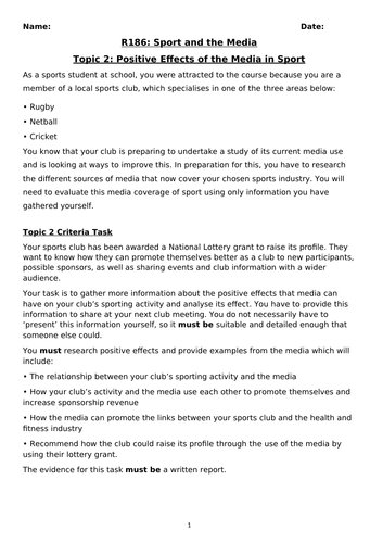 Cambridge Nationals Sport Studies R186 TA2 | Teaching Resources