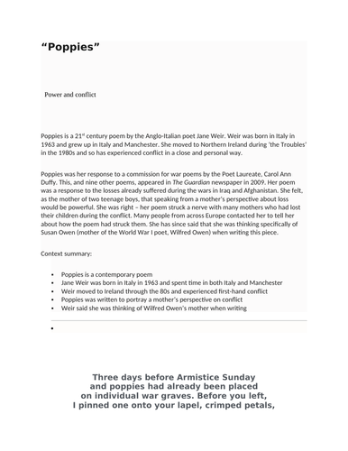 GCSE ENGLISH LITERATURE POPPIES by Jane Weir an analysis | Teaching ...