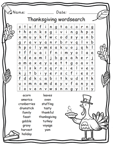 Cute Thanksgiving Wordsearches With Answers 