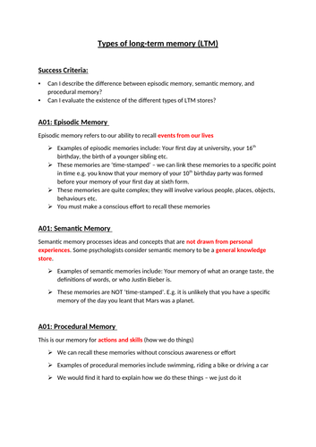 AQA A Lvl Memory handout/revision notes | Teaching Resources