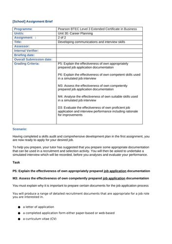 BTEC L3 Business - Unit 30 - Assignment Templates: Career Planning ...