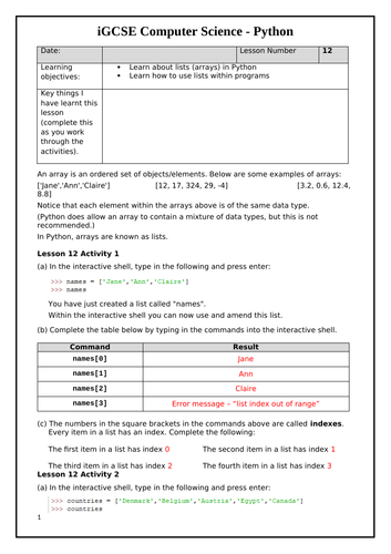 1D and 2D arrays / lists in Python | Teaching Resources
