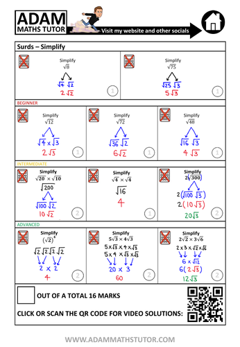 Gcse Surds Worksheets Exam Questions And Solutions Teaching Resources 