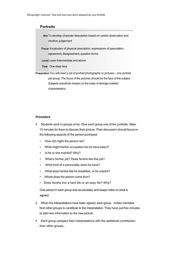 Portraits:Drama activity for language learning | Teaching Resources