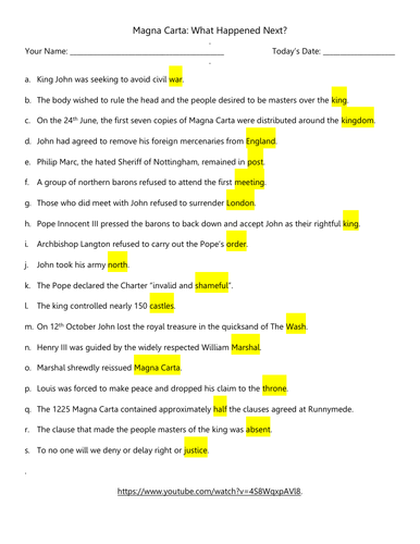 After Magna Carta RHU Video Questions | Teaching Resources