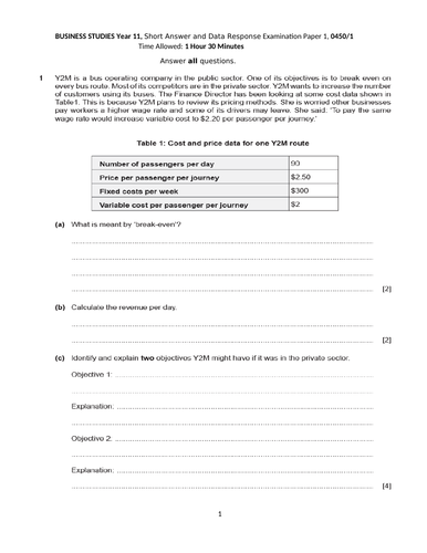 Business Studies Exams Paper 0450/1 and Case Study Questions 0450/2 and ...