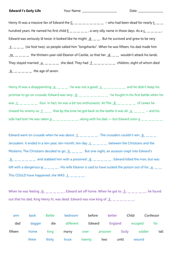 Edward I Early life Cloze sheet SIX differentiations! | Teaching Resources