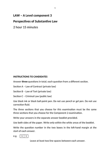 A Level Law: Eduqas Mock Paper 3: Contract Law: Perspectives on Substantive Law