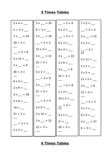 Multiplication and Division practise sheet (3, 4 and 8) | Teaching ...