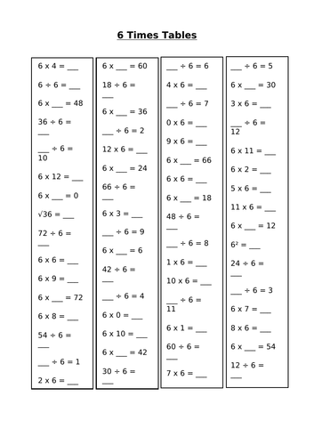 Multiplication and Division practise sheet (6, 7 and 9) | Teaching ...