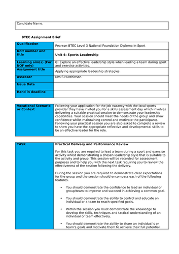 BTEC SPORT Unit 4 Sports Leadership | Teaching Resources