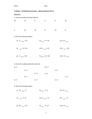 12 Worksheets for Maths Y1 UK Curriculum | Teaching Resources