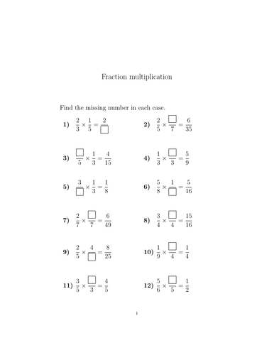 Fraction multiplication (missing numbers) worksheet (with answers ...