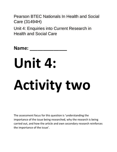 Unit 4 Enquiries into Research in Health and Social Care - Activity 2 ...
