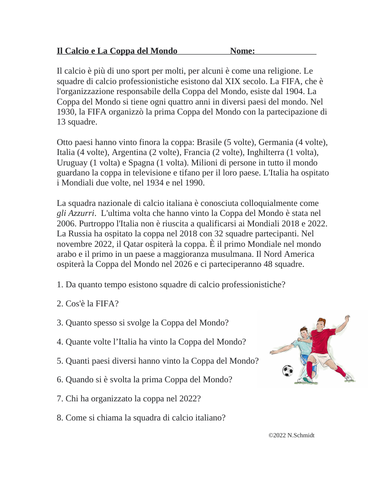 Il Calcio e La Coppa del Mondo Lettura en Italiano: World Cup Reading in Italian
