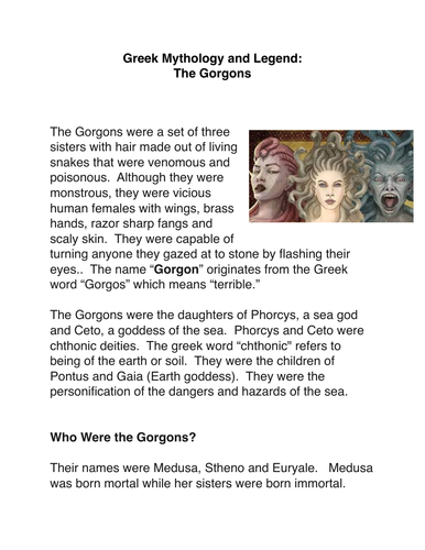 Greek Mythology And Legend The Gorgons Pdf Teaching Resources