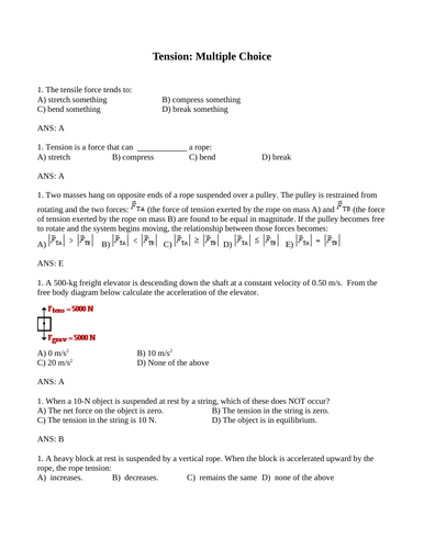 TENSILE FORCE AND TENSION Multiple Choice Grade 11 Physics WITH ANSWERS (13PG)