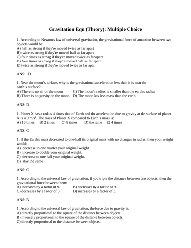 NEWTONS LAW OF GRAVITY Multiple Choice Grade 11 Physics WITH ANSWERS (14 PGS)