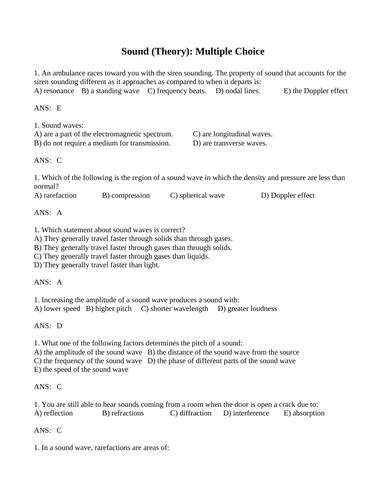 Calculations & Theory SOUND WAVES MULTIPLE CHOICE Grade 11 Physics WITH ANSWERS (20PG)