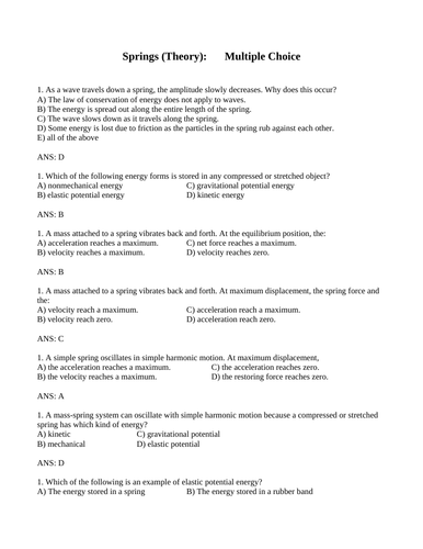 Spring Short Answer and SPRINGS MULTIPLE CHOICE Grade 11 Physics Springs (15PG)