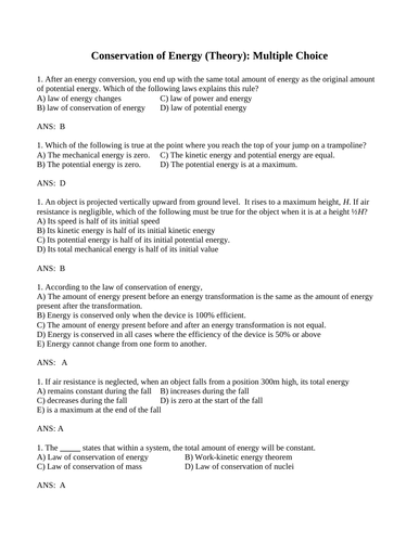 CONSERVATION OF ENERGY Multiple Choice Grade 11 Physics WITH ANSWERS (14PGS)