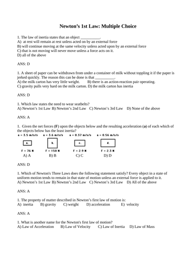 NEWTON'S LAWS MULTIPLE CHOICE Grade 11 Physics Inertia Fnet=ma WITH ANSWERS (20PGS)