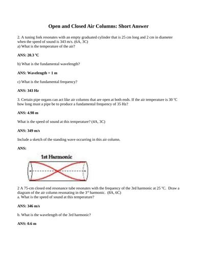 OPEN AIR COLUMNS and CLOSED AIR COLUMNS SHORT ANSWER Grade 11 Physics (10 PGS)