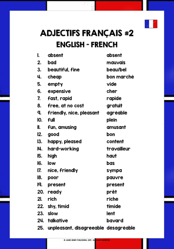 FRENCH ADJECTIVES LIST FREEBIE #2 | Teaching Resources