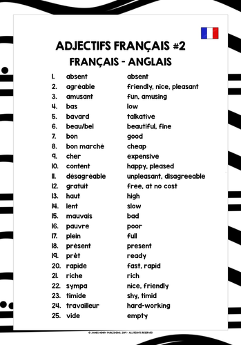 FRENCH ADJECTIVES LIST FREEBIE #2 | Teaching Resources