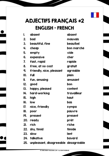 FRENCH ADJECTIVES LIST FREEBIE 2 Teaching Resources