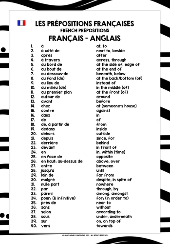 FRENCH PREPOSITIONS LIST FREEBIE | Teaching Resources