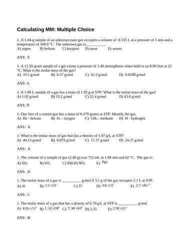 CALCULATING GAS DENSITY and GASES MOLAR MASS Multiple Choice Grade 11 Chemistry WITH ANSWERS (6PGS)