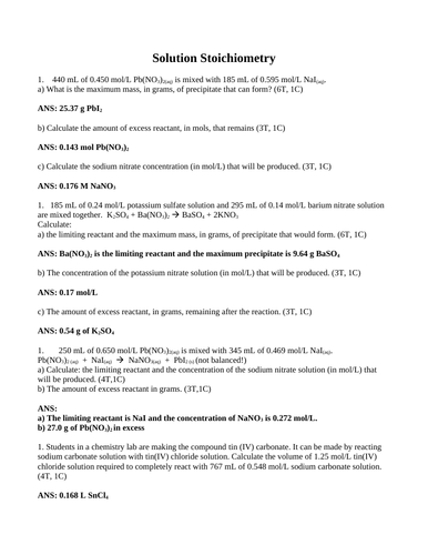 SOLUTION STOICHIOMETRY and Acid Base Titrations Short Answer Grade 11 Chemistry