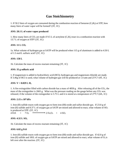 GAS STOICHIOMETRY and Ideal Gas Law Short Answer Grade 11 Chemistry (14PGS)