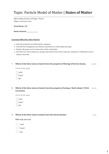 AQA GCSE Physics Topic: Particle Model Self-Assessment Revision ...