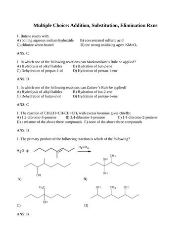 ADDITION  ELIMINATION and SUBSTITUTION REACTIONS Multiple Choice Grade 12 Chemistry WITH ANSWERS 15P