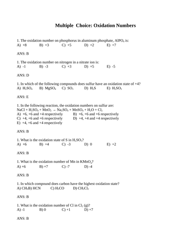 DETERMINING OXIDATION NUMBERS Multiple Choice Grade 12 Chemistry WITH ANSWERS (12PGS)