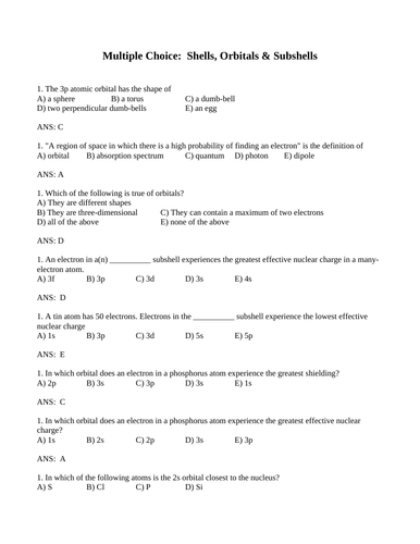 SHELLS and ELECTRON ORBITALS Multiple Choice Grade 12 Chemistry W ANSWERS (16PG)