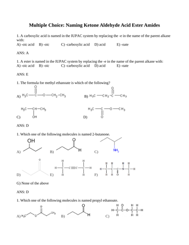 NAMING ALDEHYDES, KETONES, ESTERS and AMIDES Multiple Choice Grade 12 Chemistry WITH ANSWERS (11PG)