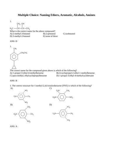 NAMING ALCOHOLS, AMINES and AROMATICS Multiple Choice Grade 12 Chemistry WITH ANSWERS (7PGS)
