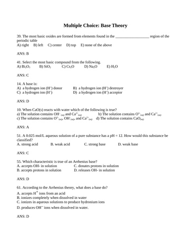 MULTIPLE CHOICE BASE THEORY Multiple Choice Grade 12 Chemistry WITH ANSWERS (15PGS)