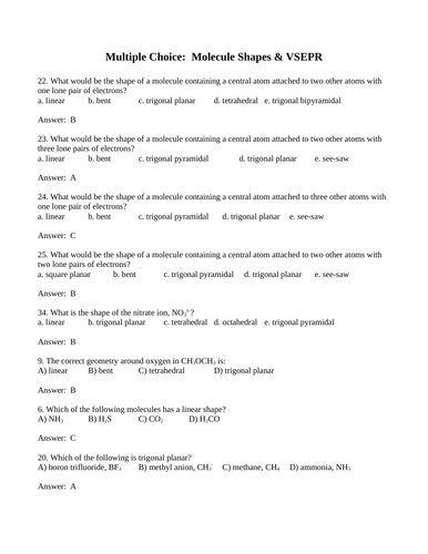 VSEPR and MOLECULE SHAPES Multiple Choice Grade 12 Chemistry WITH ANSWERS (11PG)