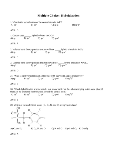 ATOM HYBRIDIZATION Multiple Choice Grade 12 Chemistry WITH ANSWERS (13 PGS)