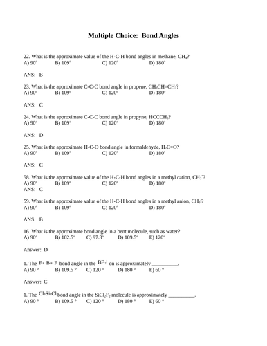 MULTIPLE CHOICE BOND ANGLES Multiple Choice Grade 12 Chemistry WITH ANSWERS 7PGS