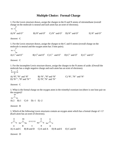 MULTIPLE CHOICE FORMAL CHARGE Multiple Choice Grade 12 Chemistry WITH ANSWERS (6PGS)