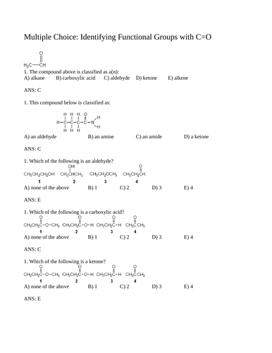 IDENTIFYING CARBONYL FUNCTIONAL GROUPS Multiple Choice Grade 12 Chemistry WITH ANSWERS (16 PGS)