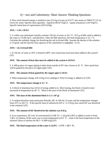 Q = MCT CALORIMETRY SHORT ANSWER Grade 12 Chemistry Short Answer (14 PGS)